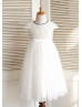 Ivory Lace Tulle Beaded Neckline Knee Length Flower Girl Dress 